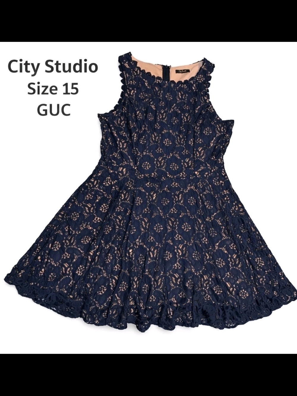 City Studio Fit & Flare Floral Lace Dress Navy Beige Size 15, Pre-Loved